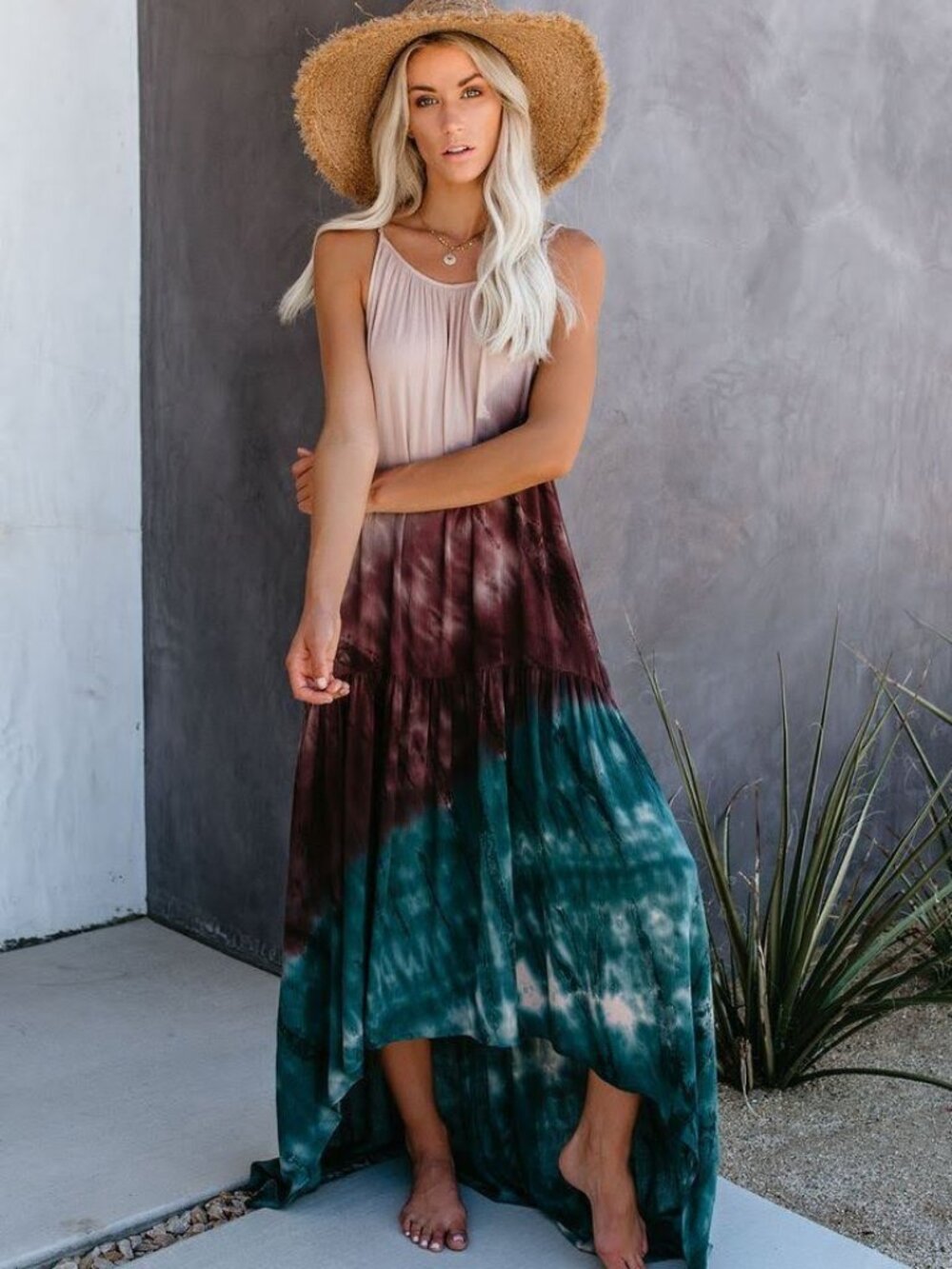 Vici Cadence Tiered Tie Dye High Low Maxi Dress - Nude/Plum